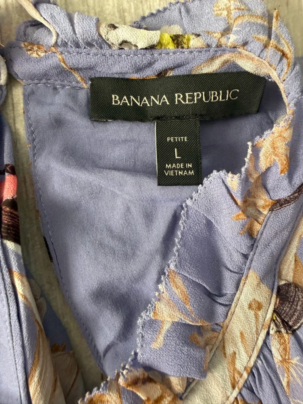Banana Republic Floral Bird Print Ruffle Mini Dress Petite Large Purple EUC
